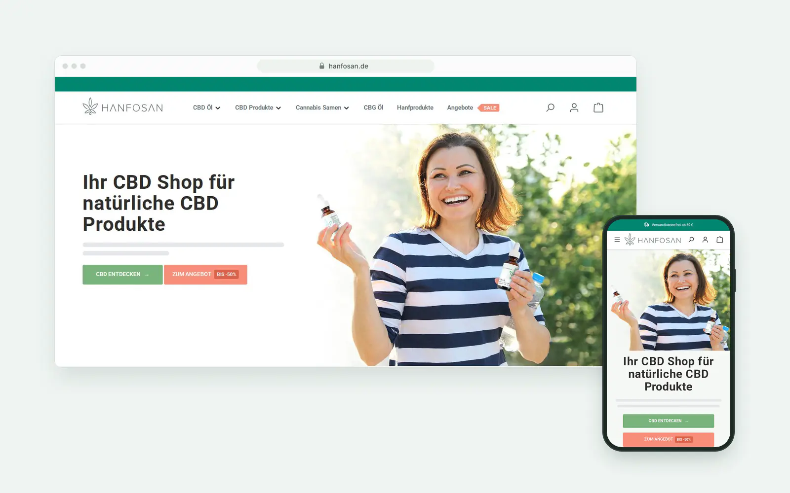 Startseite des CBD-Shops hanfosan.de auf Shopware 6, Desktop- und Mobilansicht