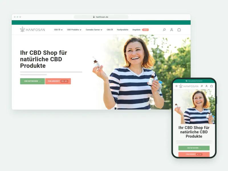 Startseite des CBD-Shops hanfosan.de auf Shopware 6, Desktop- und Mobilansicht