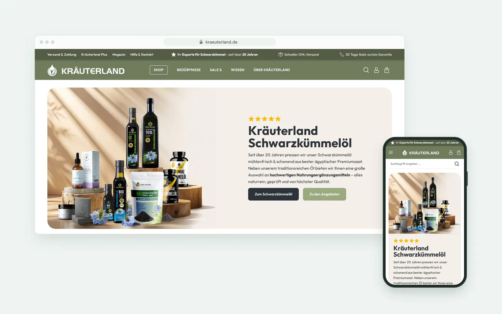Startseite von kraeuterland.de mit dem Schwarzkümmelöl-Sortiment auf Shopware 6, Desktop- und Mobilansicht