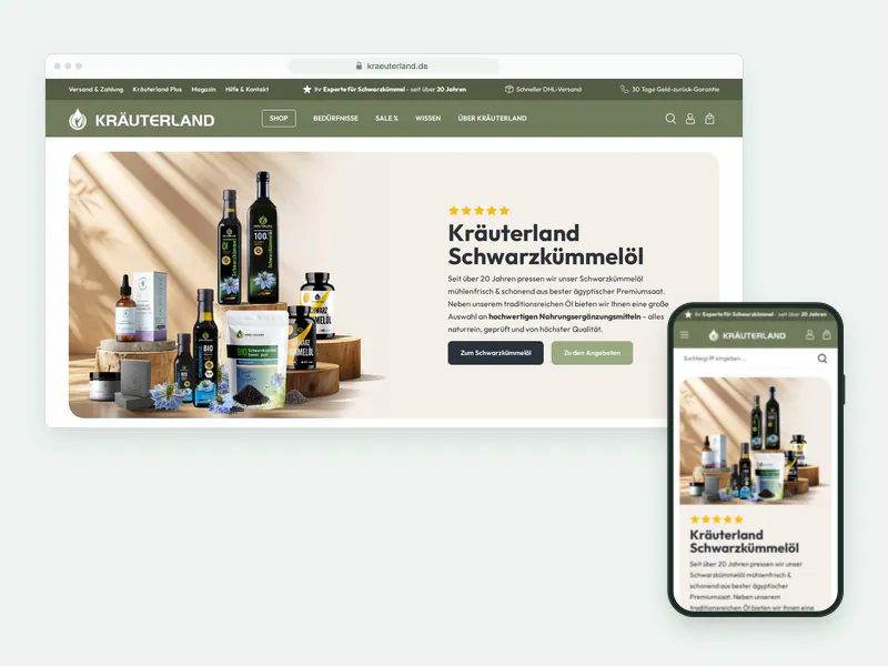 Startseite von kraeuterland.de mit dem Schwarzkümmelöl-Sortiment auf Shopware 6, Desktop- und Mobilansicht