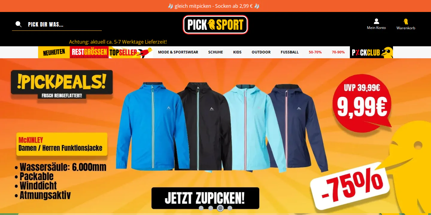 Startseite des Sport-Outlets picksport.de auf Shopware 6