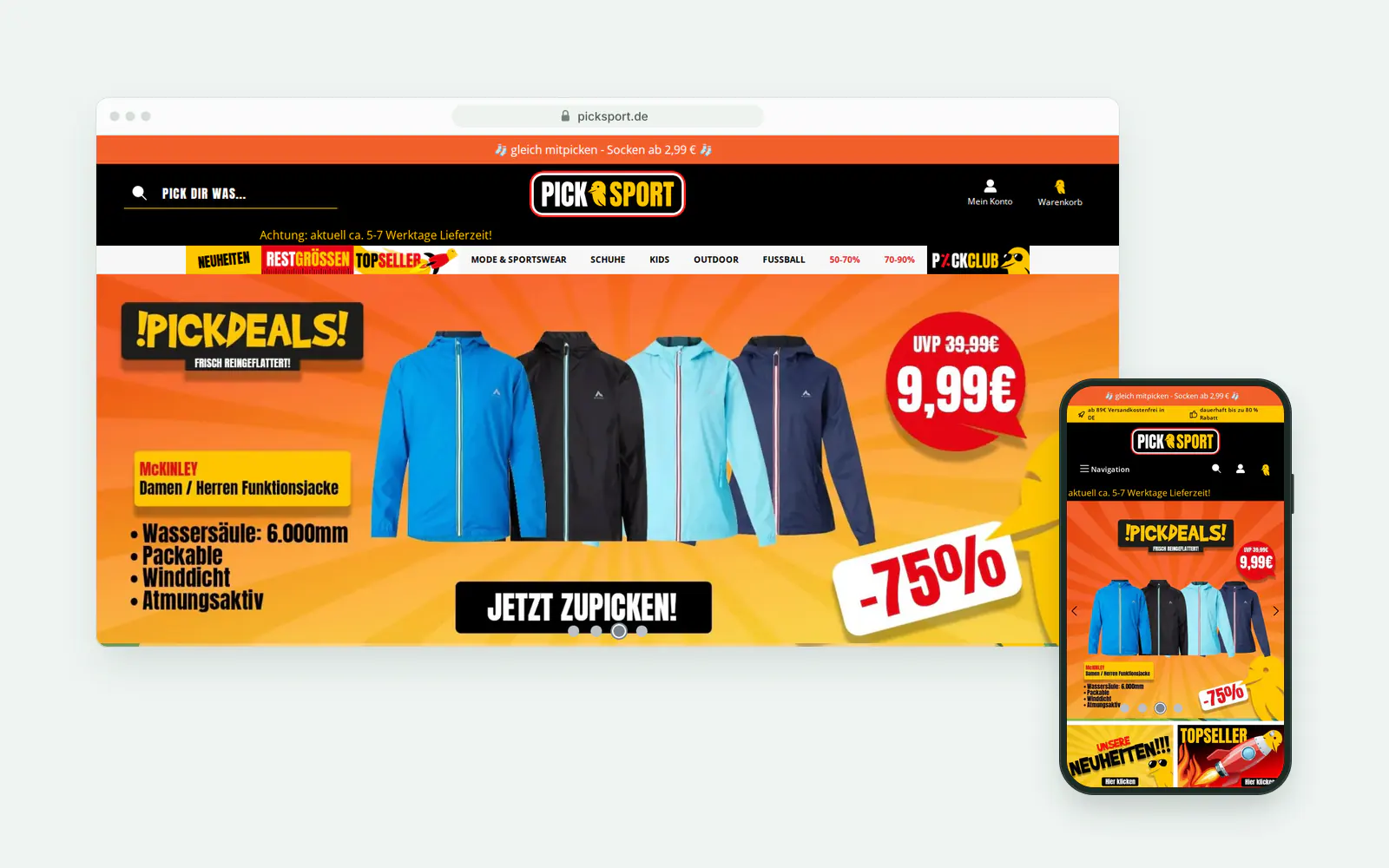 Startseite des Sport-Outlets picksport.de auf Shopware 6, Desktop- und Mobilansicht