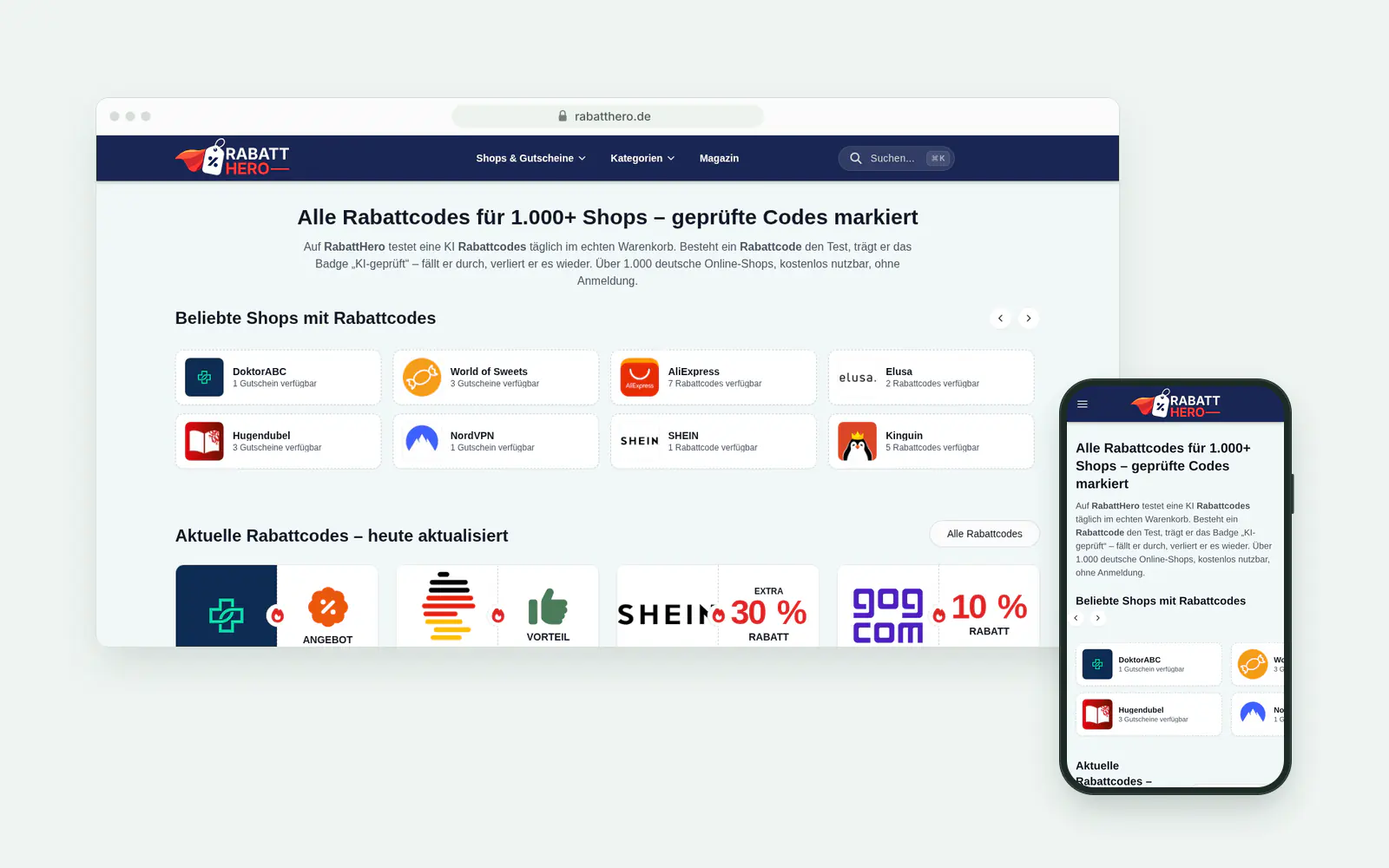 Startseite des Gutscheinportals rabatthero.de, Desktop- und Mobilansicht