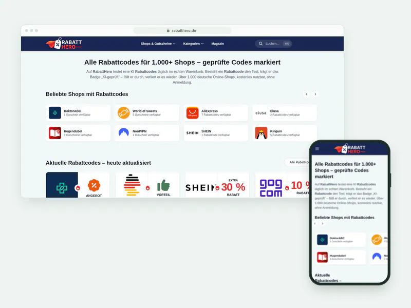 Startseite des Gutscheinportals rabatthero.de, Desktop- und Mobilansicht